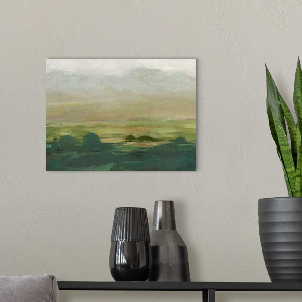 A modern room featuring Contemporary landscape painting of a valley in the countryside.