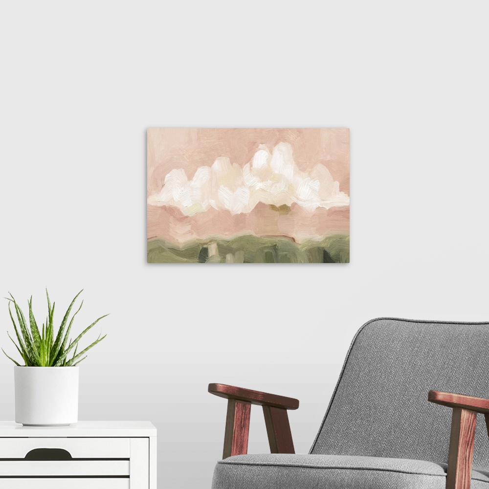 A modern room featuring Contemporary painting of bold, textured brush strokes of large white clouds in a pink sky over a ...