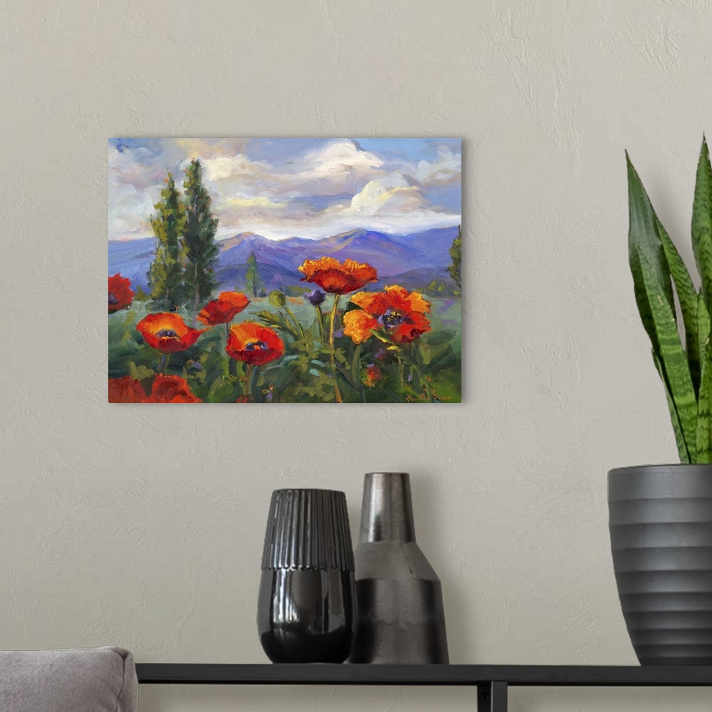 A modern room featuring Contemporary painting of a group of wild California poppies near the Sierra Nevada mountains.
