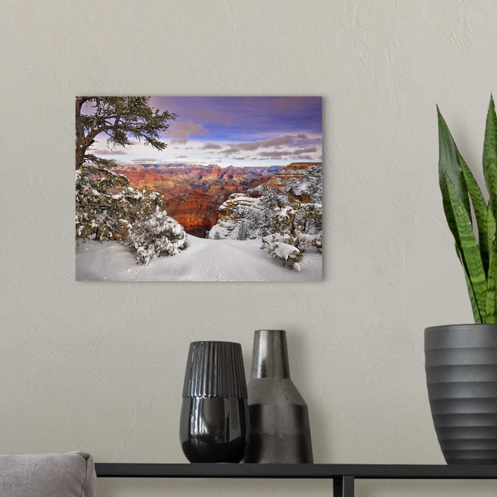 A modern room featuring View of the Grand Canyon in Arizona under a blanket of fresh snow.