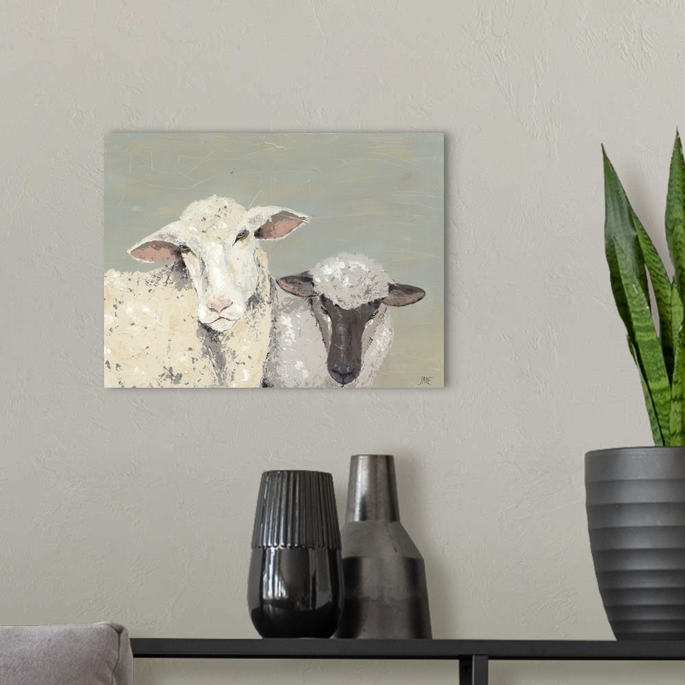 A modern room featuring Contemporary painting with two lambs, one ivory and the other in shades of gray, with textured br...
