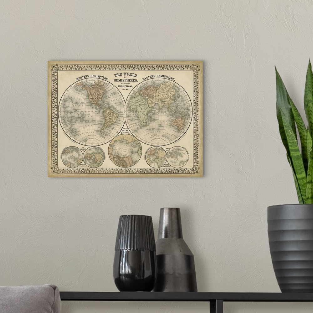 A modern room featuring The World in Hemispheres