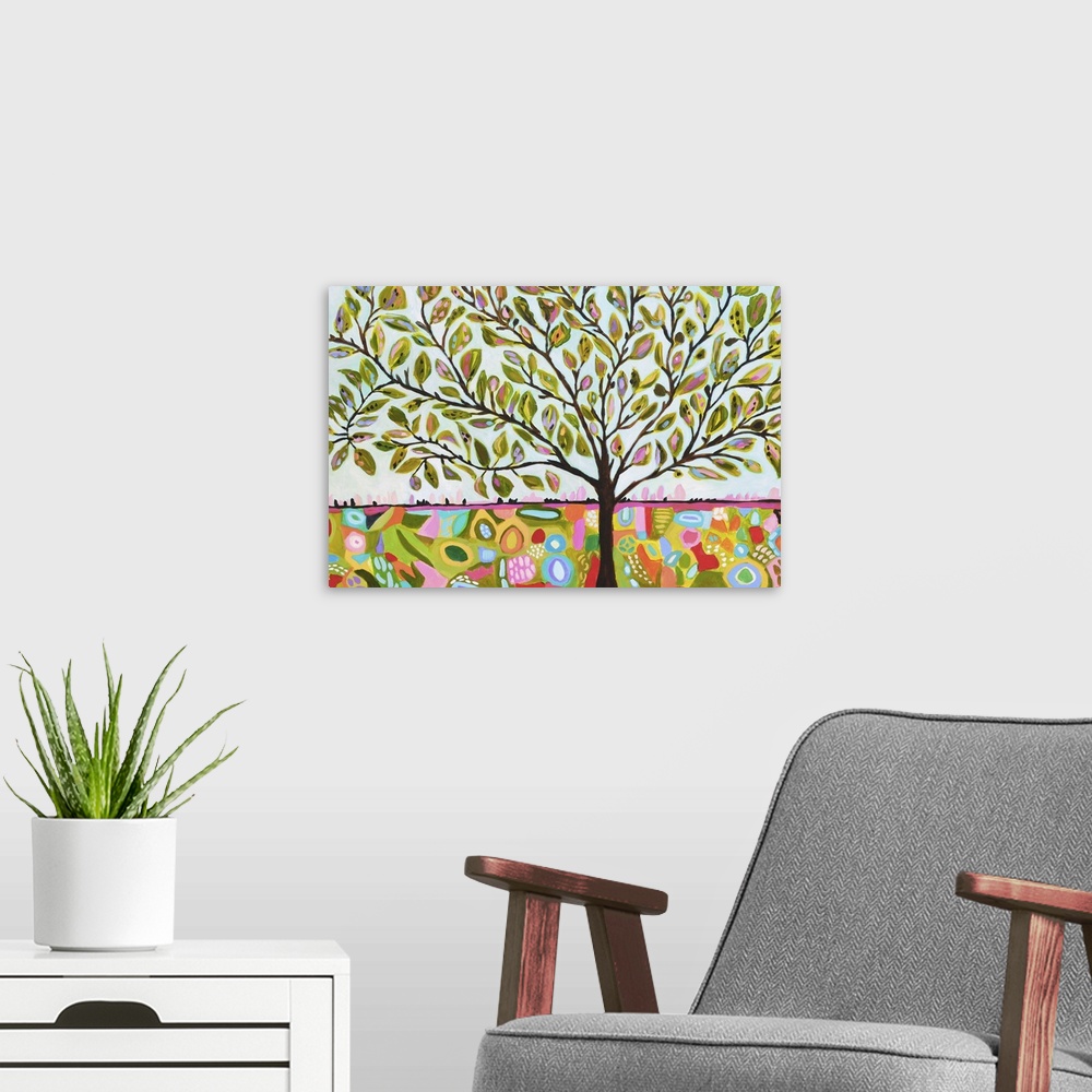 A modern room featuring Brightly colored Boho style illustration of a tree filled with leaves.