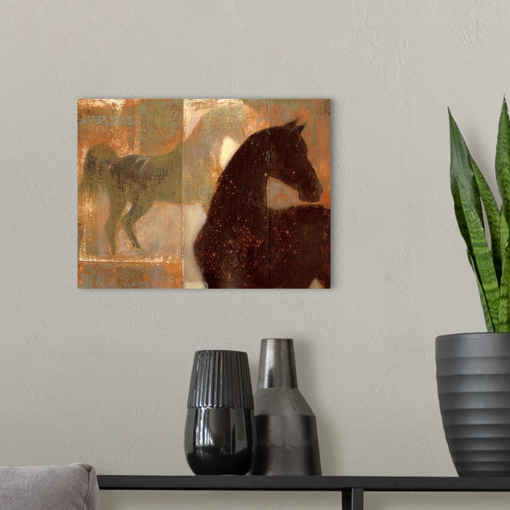 A modern room featuring Rough textured artwork of two horses.