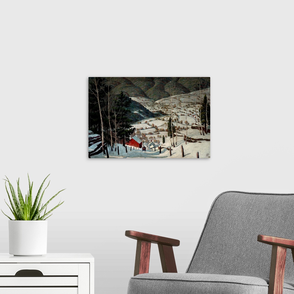 A modern room featuring A contemporary painting of a village landscape in Winter.