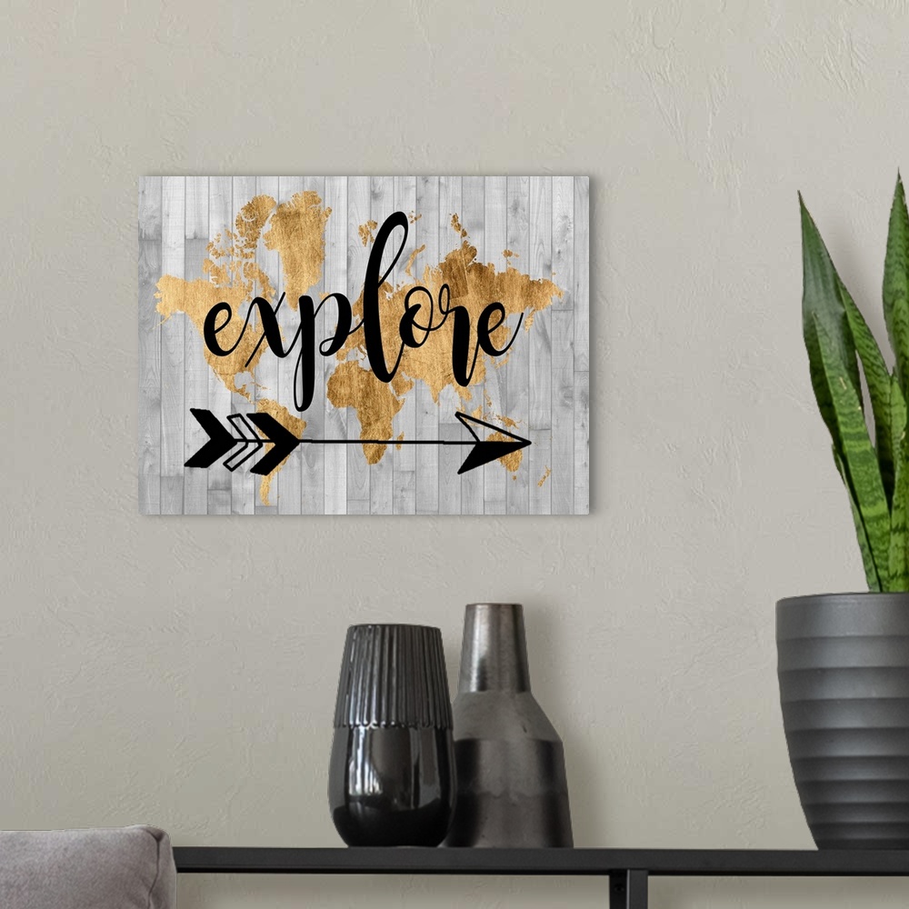 A modern room featuring Motivational sentiment art against a rustic world map and wood pattern background.