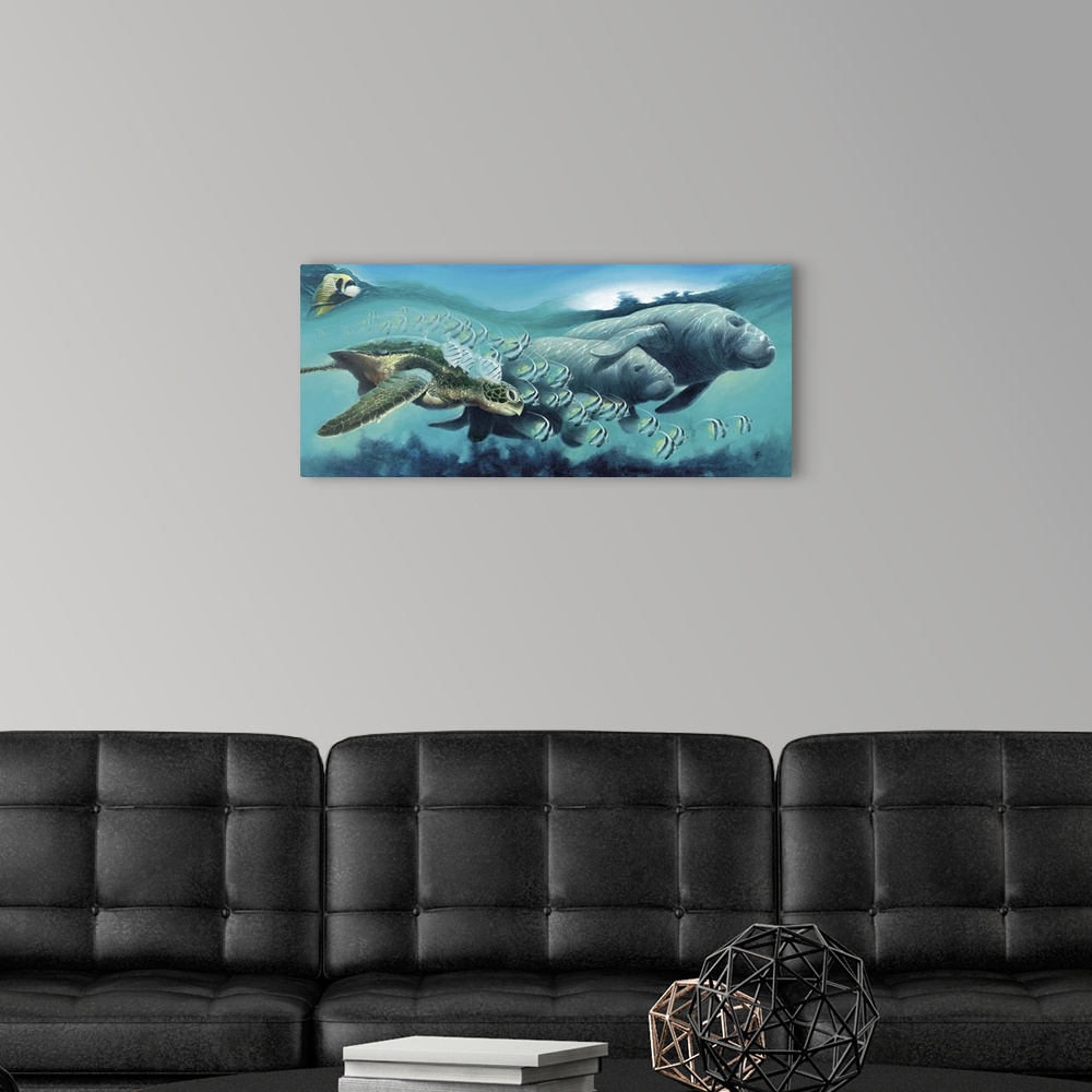 A modern room featuring A contemporary painting of a cross section view of marine life.