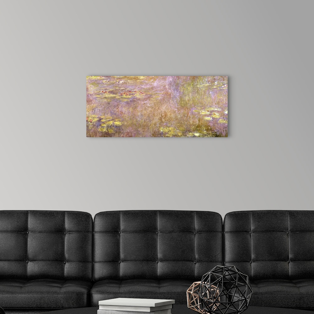 A modern room featuring Landscape, classic art painting in warm and golden tones of water lilies and lily pads in swirlin...