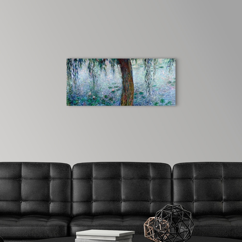 A modern room featuring Panoramic classic art showcases a lone tree as it hangs over a pond littered with lily pads.