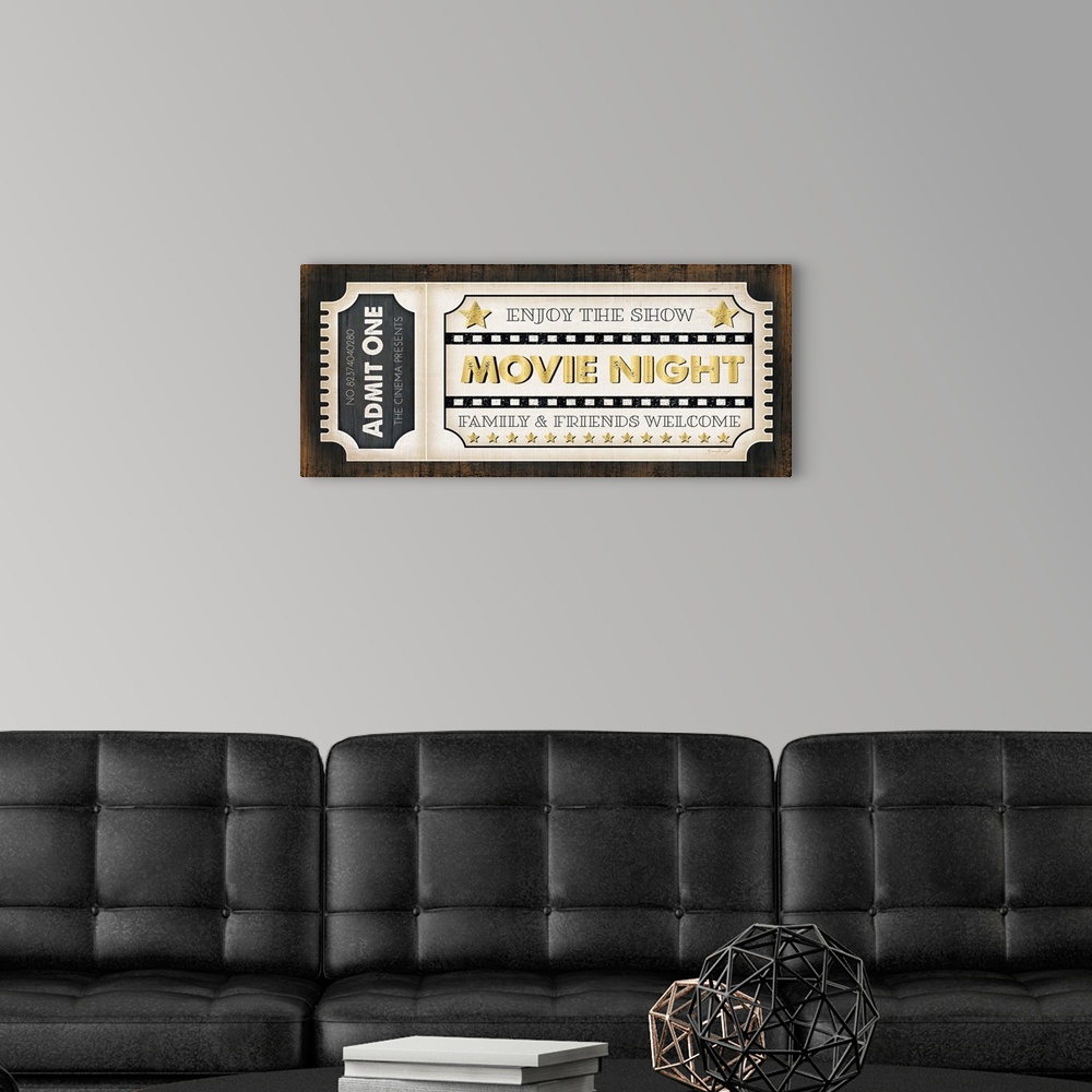 A modern room featuring A digital illustration of a movie ticket.