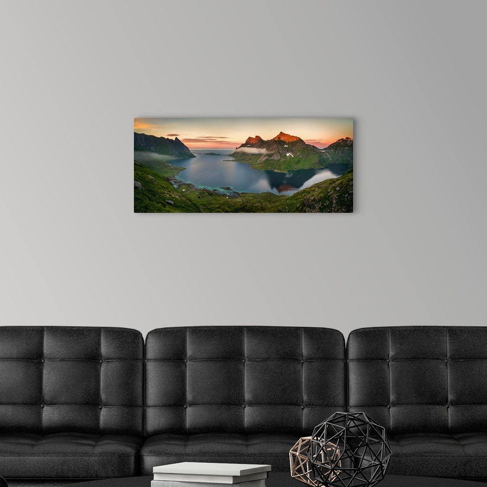 A modern room featuring Colorful mountains and fjord with reflections on moskenes, lofoten, nordland county, norway.