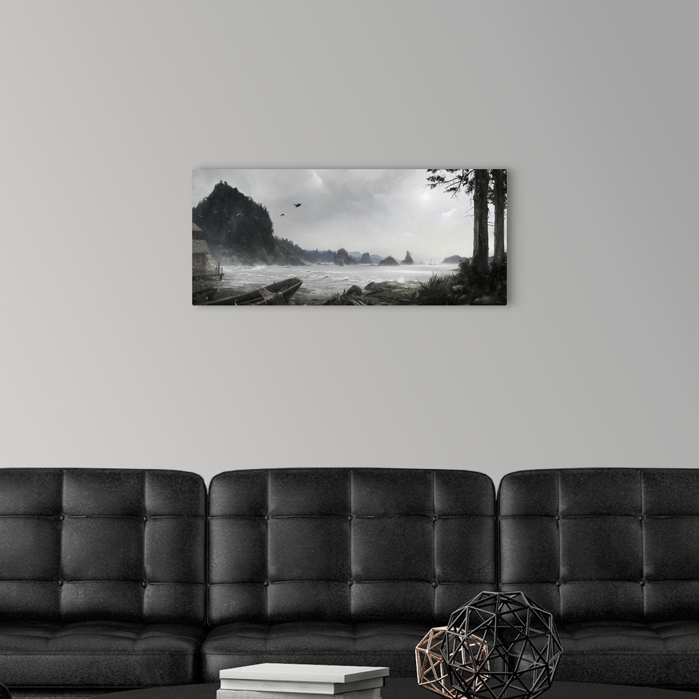 A modern room featuring Painting of a coastal scene.