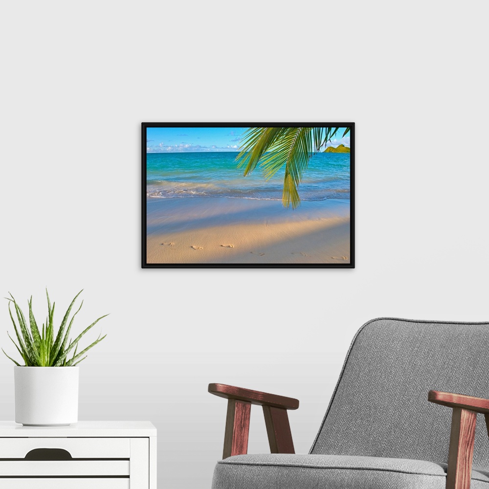 A modern room featuring Panoramic photograph of shoreline with footprints in the sand.  There is a grass covered mountain...