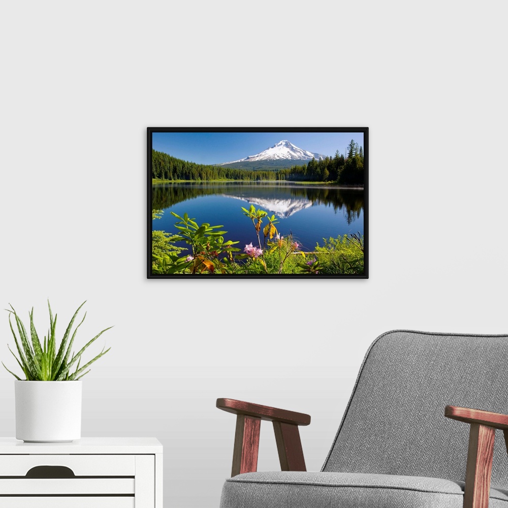 A modern room featuring Reflection Of Mount Hood In Trillium Lake In The Oregon Cascades; Oregon