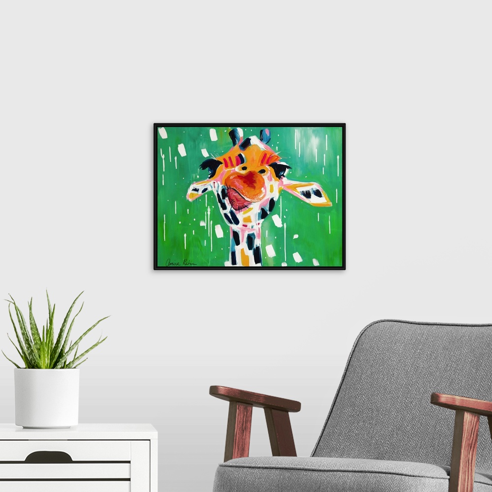 A modern room featuring Portrait of a giraffe against a bright green background.