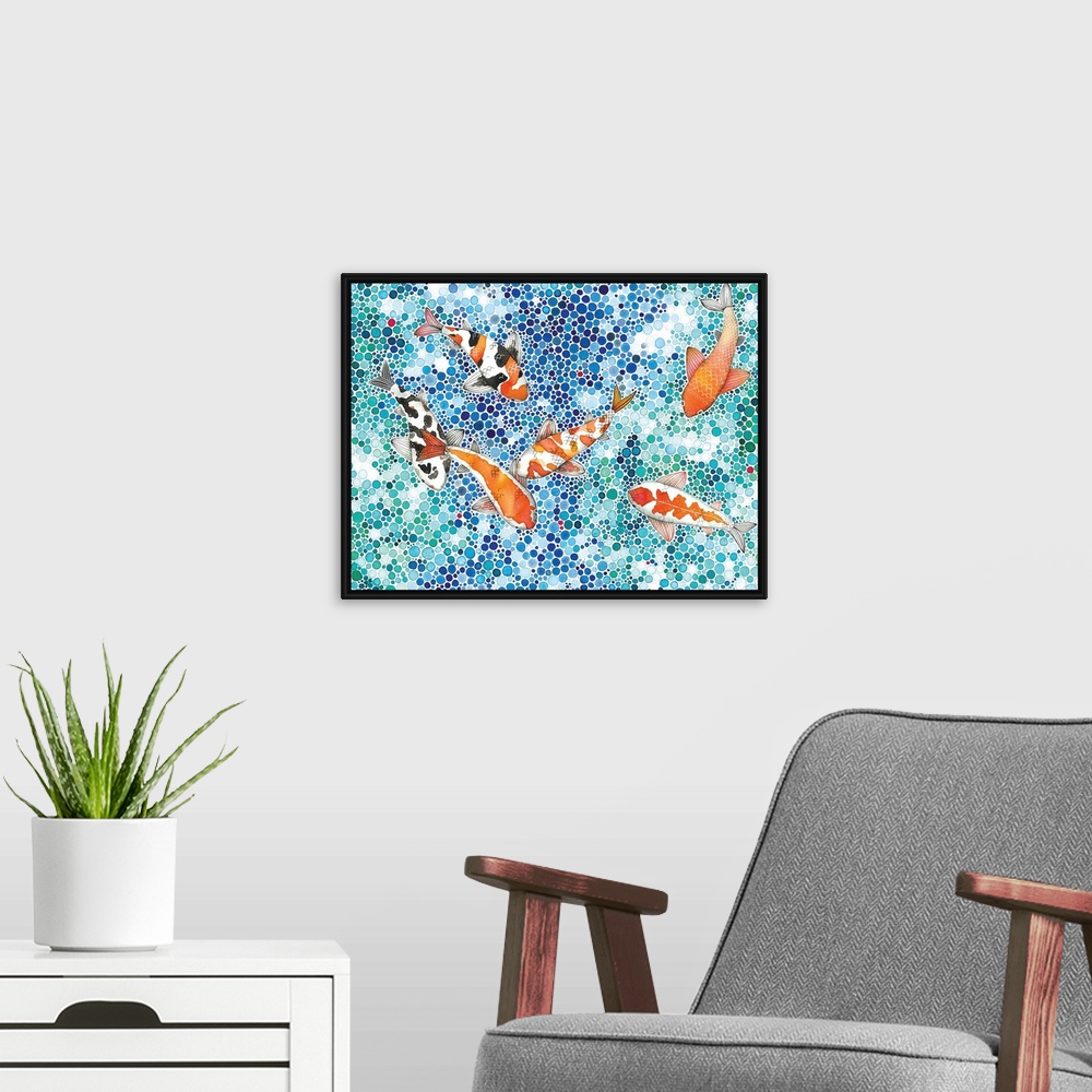 A modern room featuring Contemporary painting of six koi fish seen from above in a stylized pond made up of tiny circles.