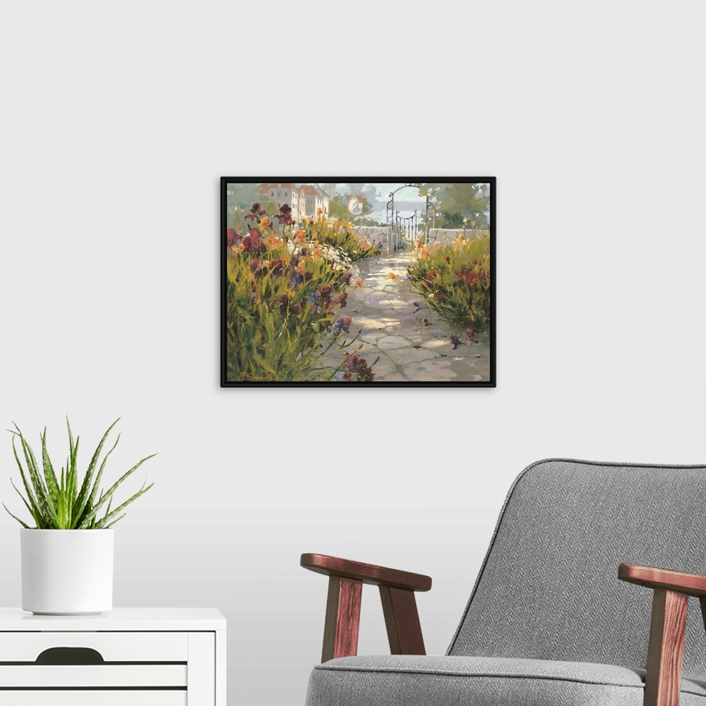 A modern room featuring Contemporary painting of an old Italian village garden, with stone path leading to garden entrance.