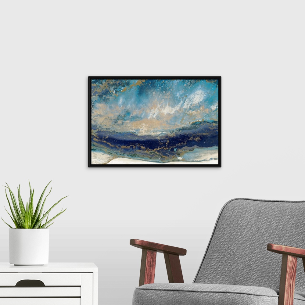 A modern room featuring Contemporary abstract artwork in blue and gold, resembling a seascape.