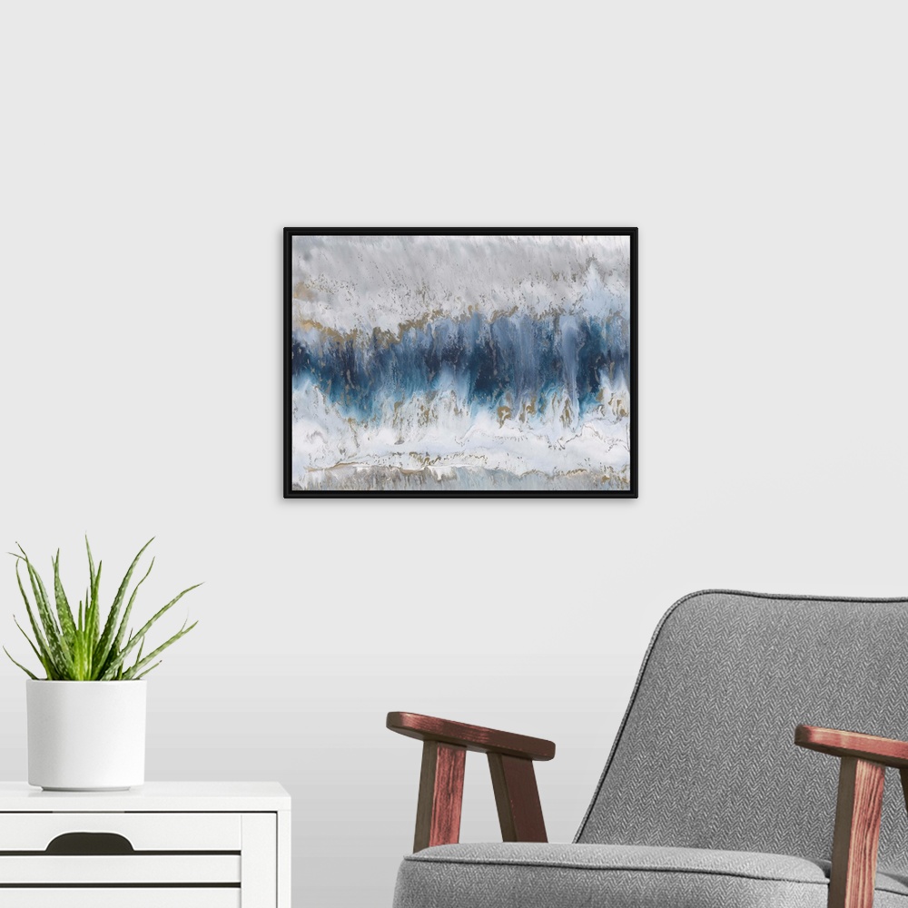 A modern room featuring Contemporary abstract painting using blue and gray tones resembling agate.