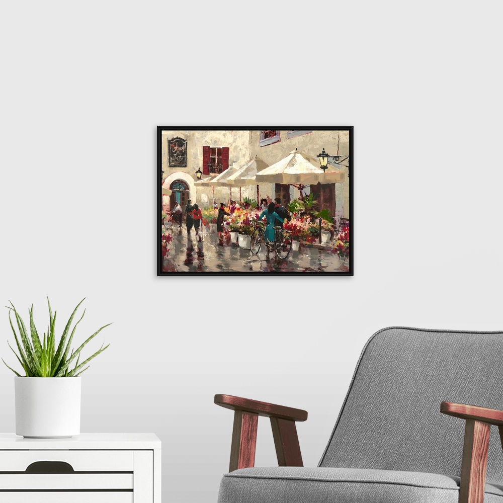 A modern room featuring Contemporary painting of people sitting outside at a cafe.