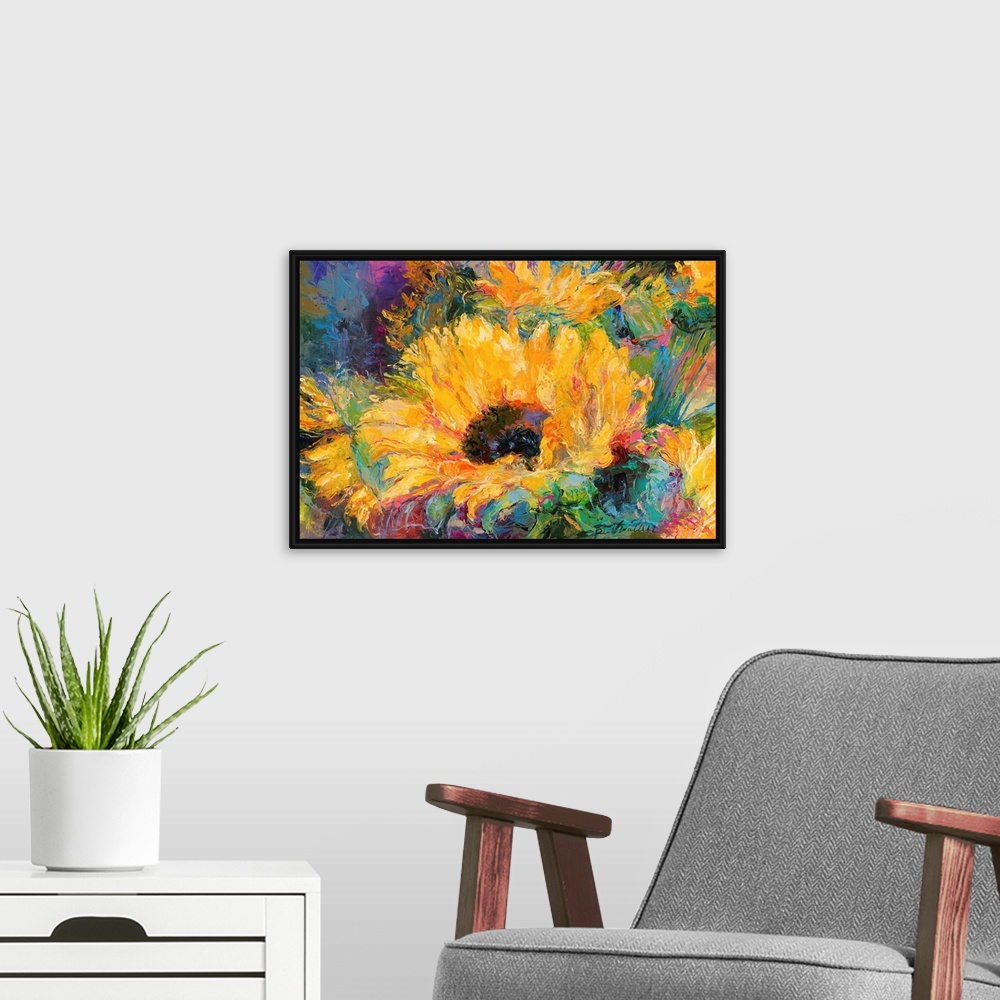 A modern room featuring Colorful abstract painting of sunflowers.