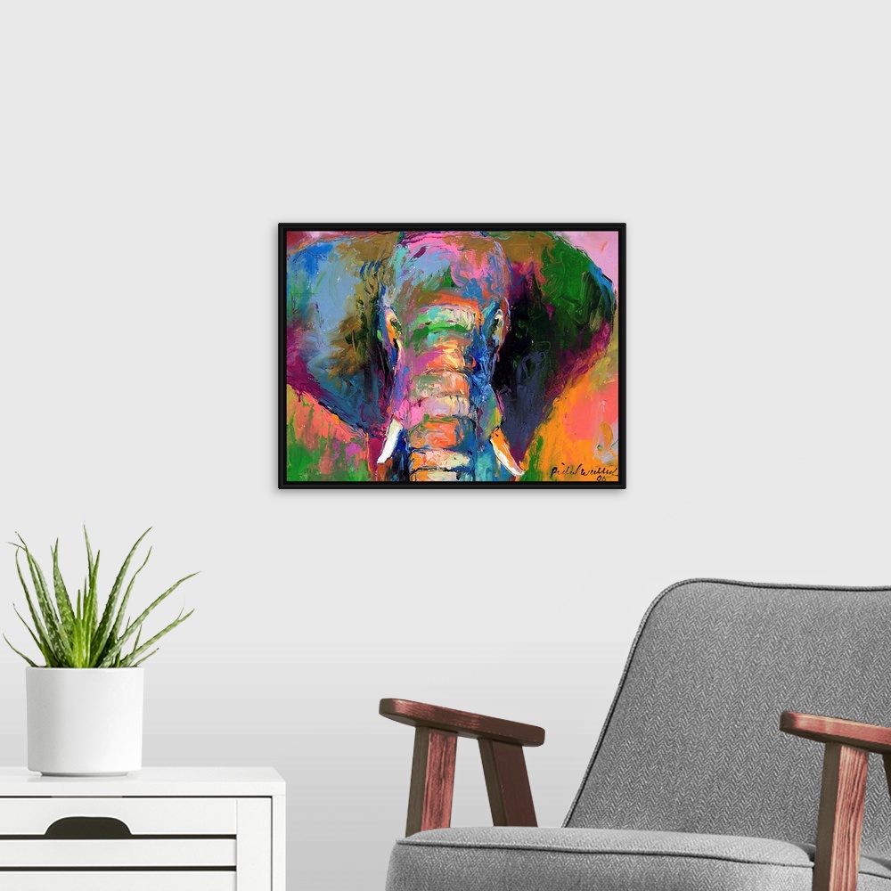 A modern room featuring Contemporary vibrant colorful painting of an elephant.