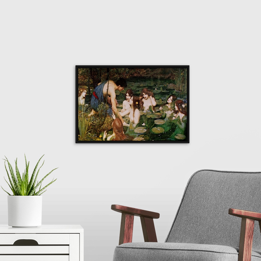 A modern room featuring Hylas collecting water, the Nymphs in a pond.