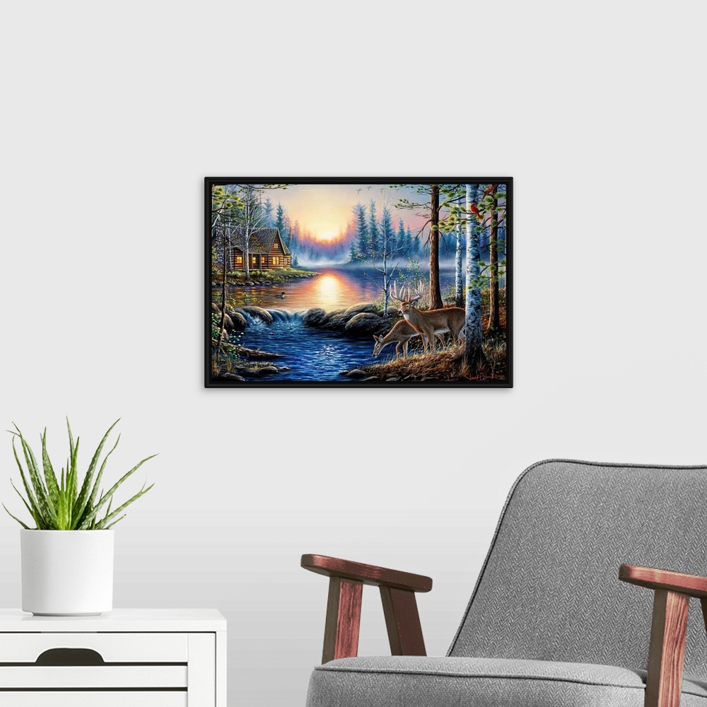A modern room featuring Contemporary landscape painting of two deer by a watering hole with a cabin in the background.
