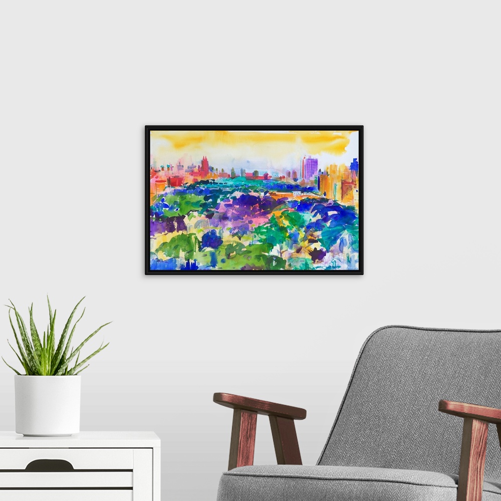 A modern room featuring Contemporary abstract painting of Central Park with vibrant water colors.