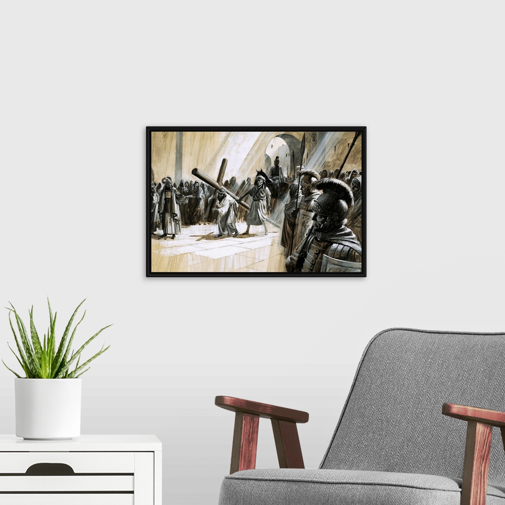 A modern room featuring Classic artwork of Christ holding the cross as He is surrounded by soldiers.