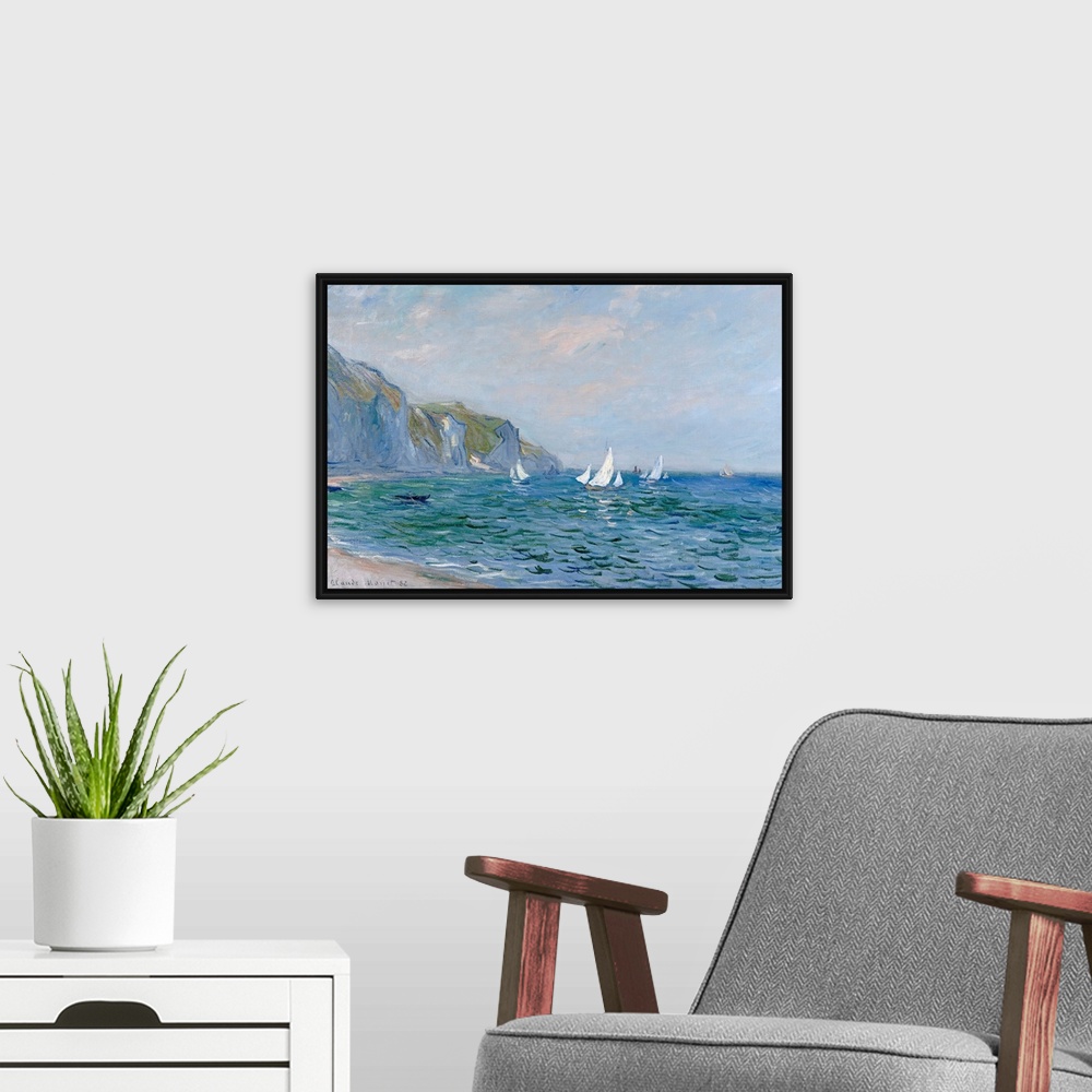A modern room featuring A landscape painting from a classic Impressionist master, this scene shows sail boats on the sea ...