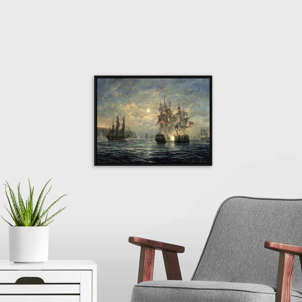 A modern room featuring Large wooden ships sail in the rough ocean water under a cloud filled sky with the sun poking thr...