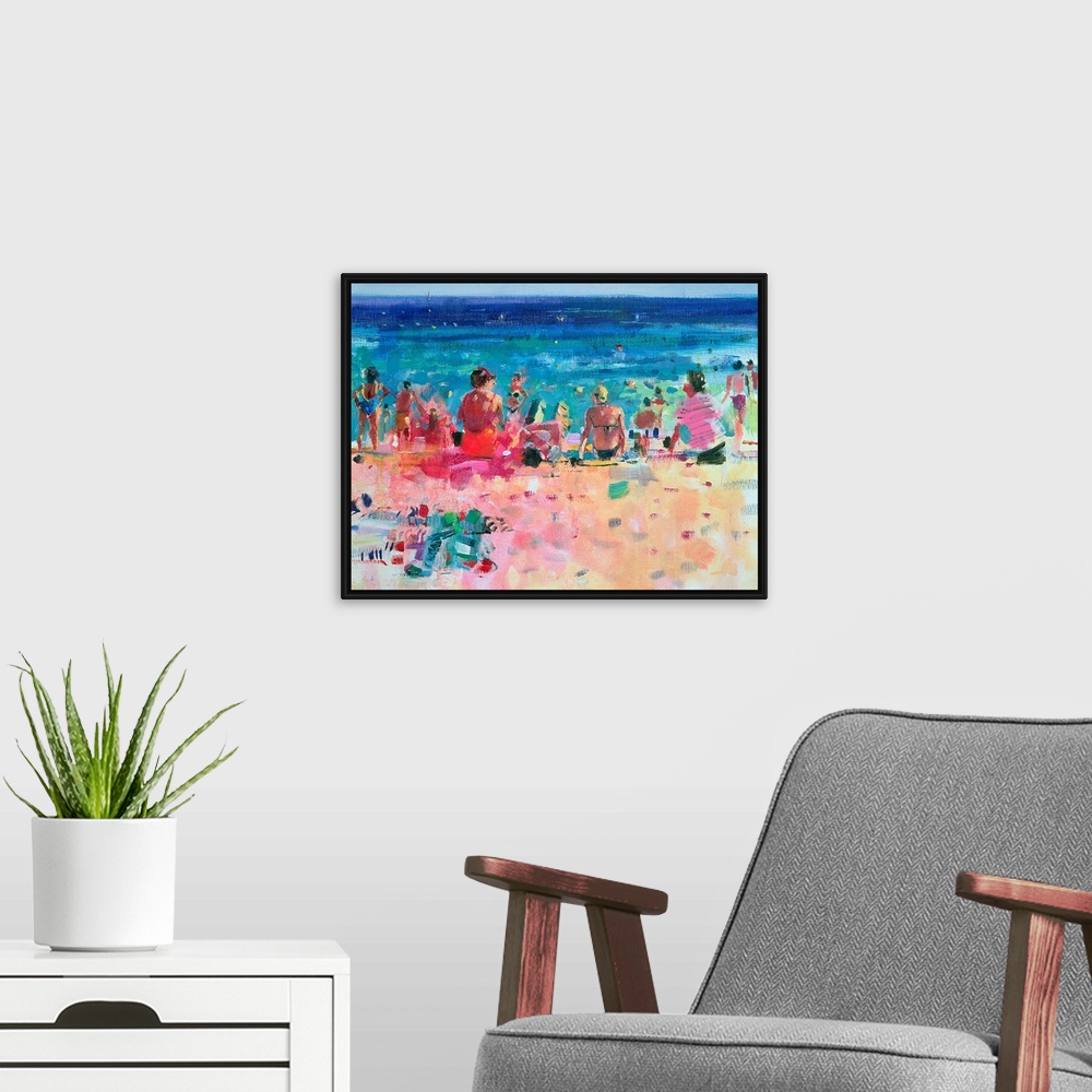 A modern room featuring Large wall art of a crowded beach with people tanning on the sand as well as people swimming in t...