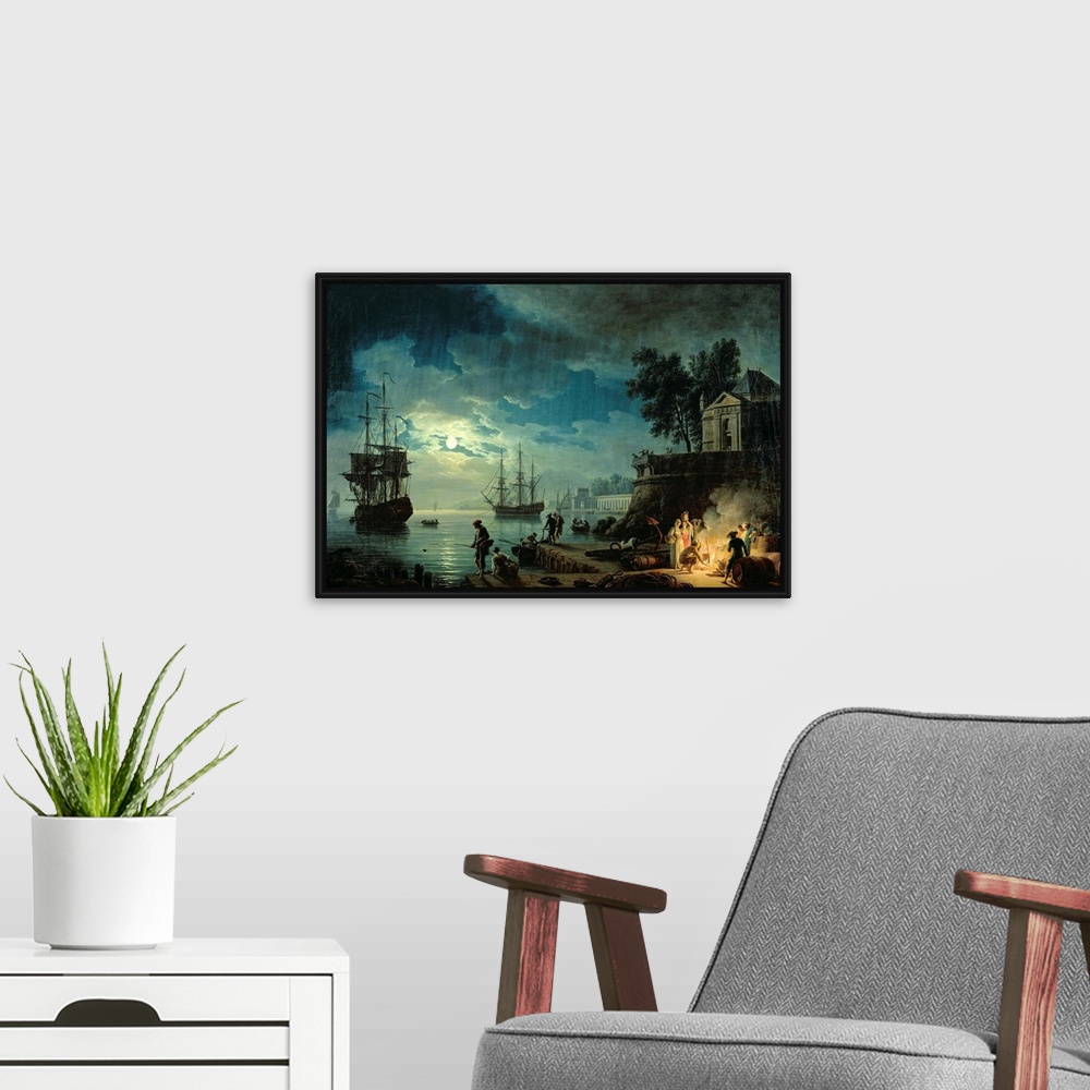 A modern room featuring Oil painting of ships coming into a port at night with the ocean illuminated in moon light and pe...