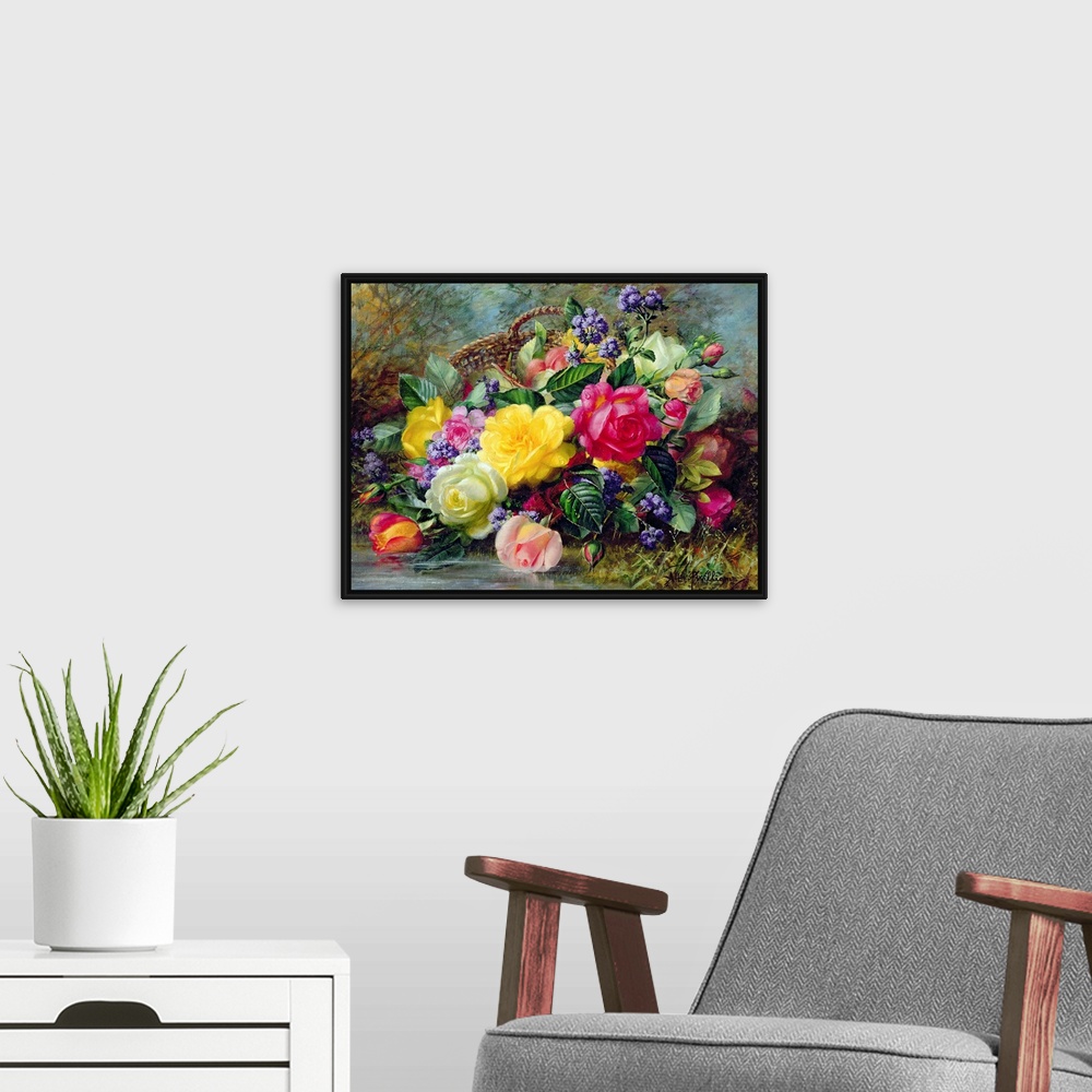 A modern room featuring Huge floral art shows a large arrangement of brightly colored flowers as they have fallen out of ...