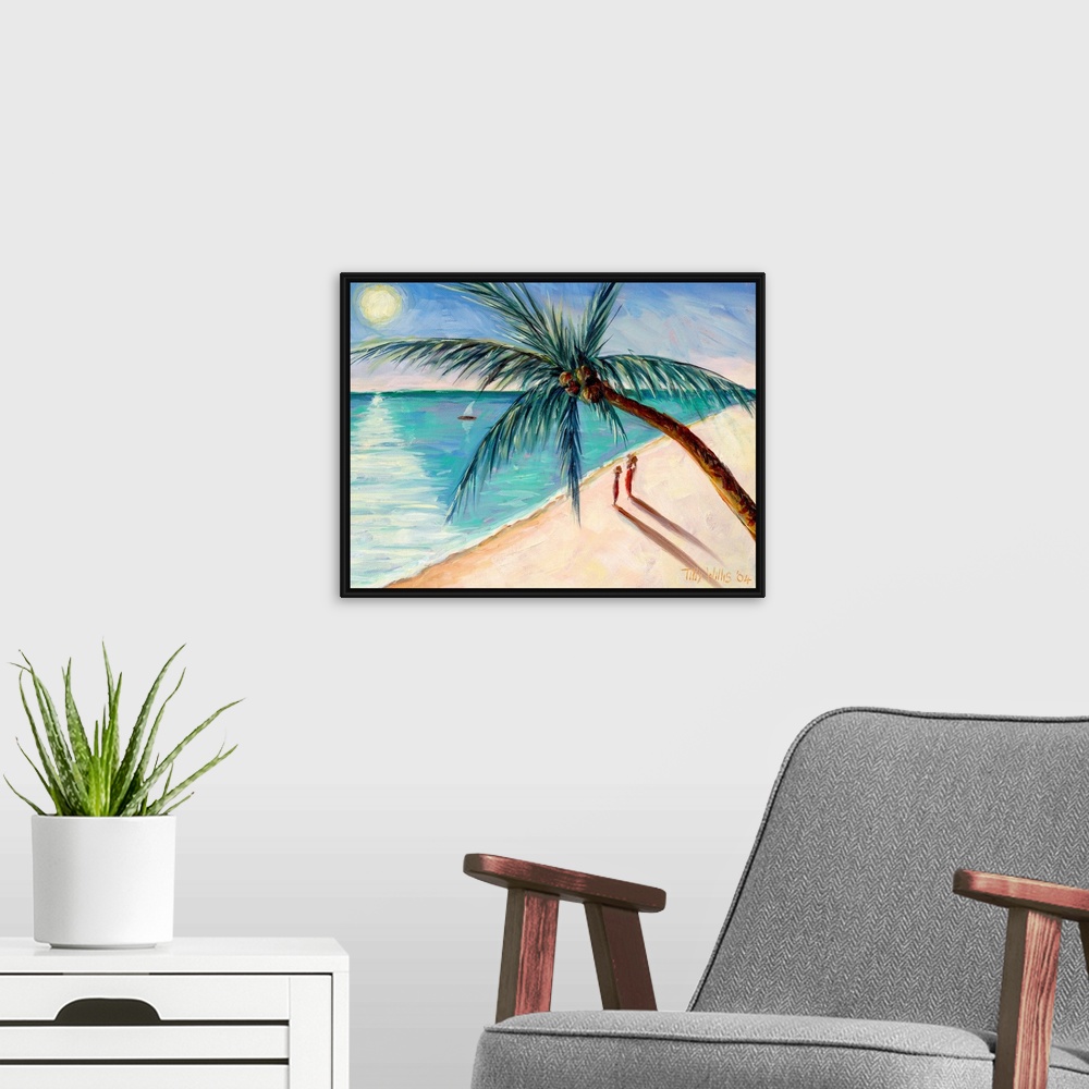 A modern room featuring Contemporary painting of a tropical beach scene with figures and sail boat watching the sun setting.