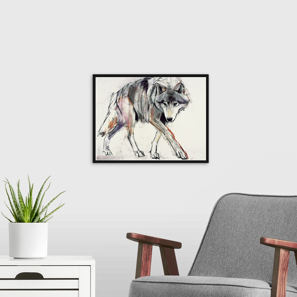 A modern room featuring A sketchy, gestural drawing of a wolf on horizontal wall art.