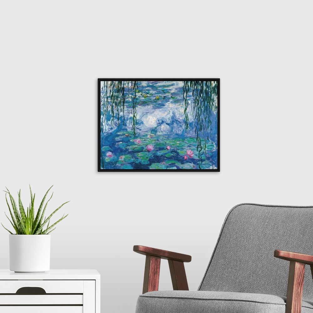 A modern room featuring Water Lilies by Claude Monet.