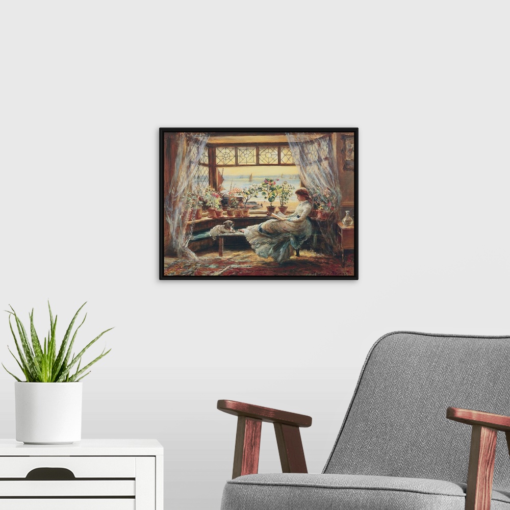 A modern room featuring Classic painting of a woman reading at a bay window with her dog.
