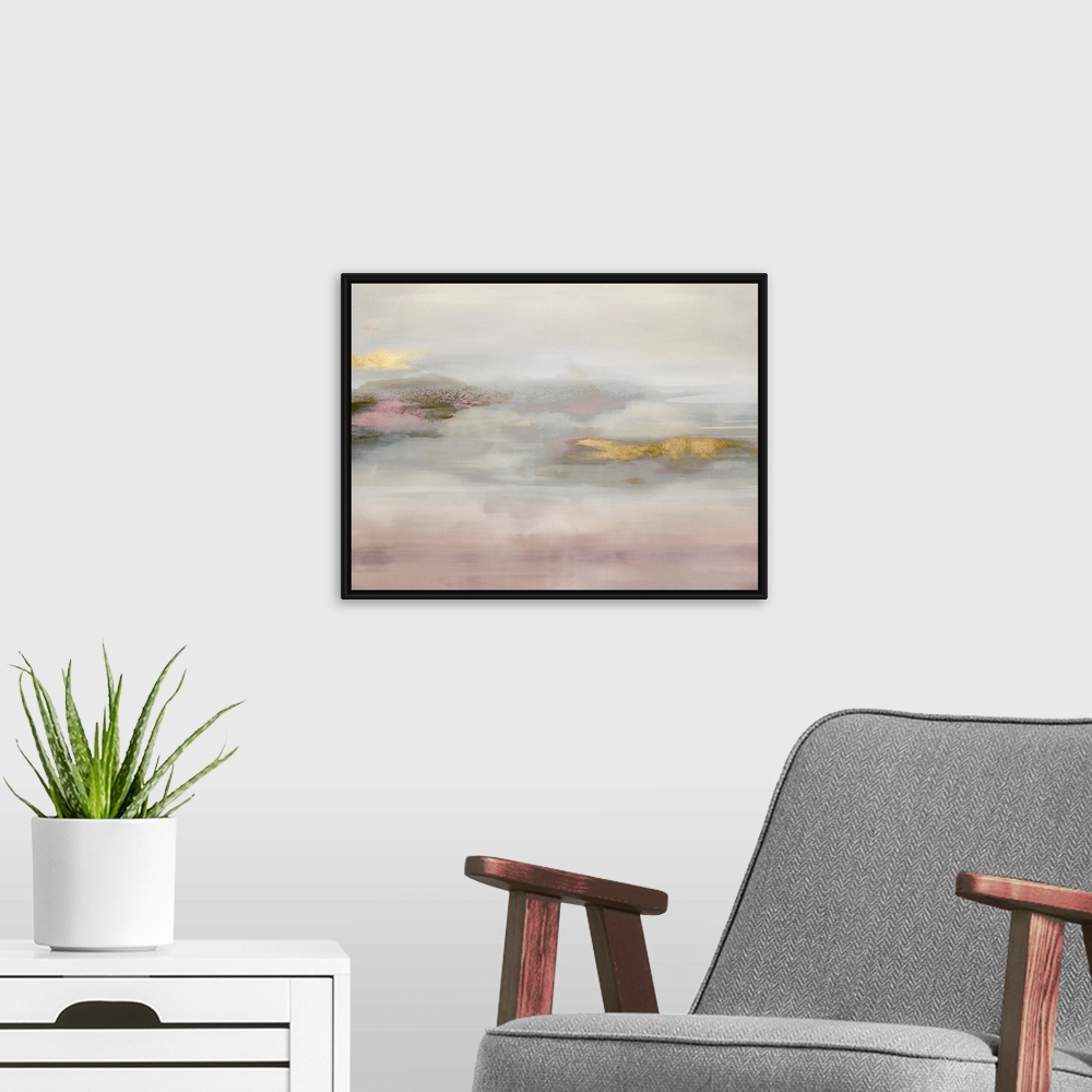 A modern room featuring Contemporary abstract artwork in muted pink and white tones with gold colored brush accents.