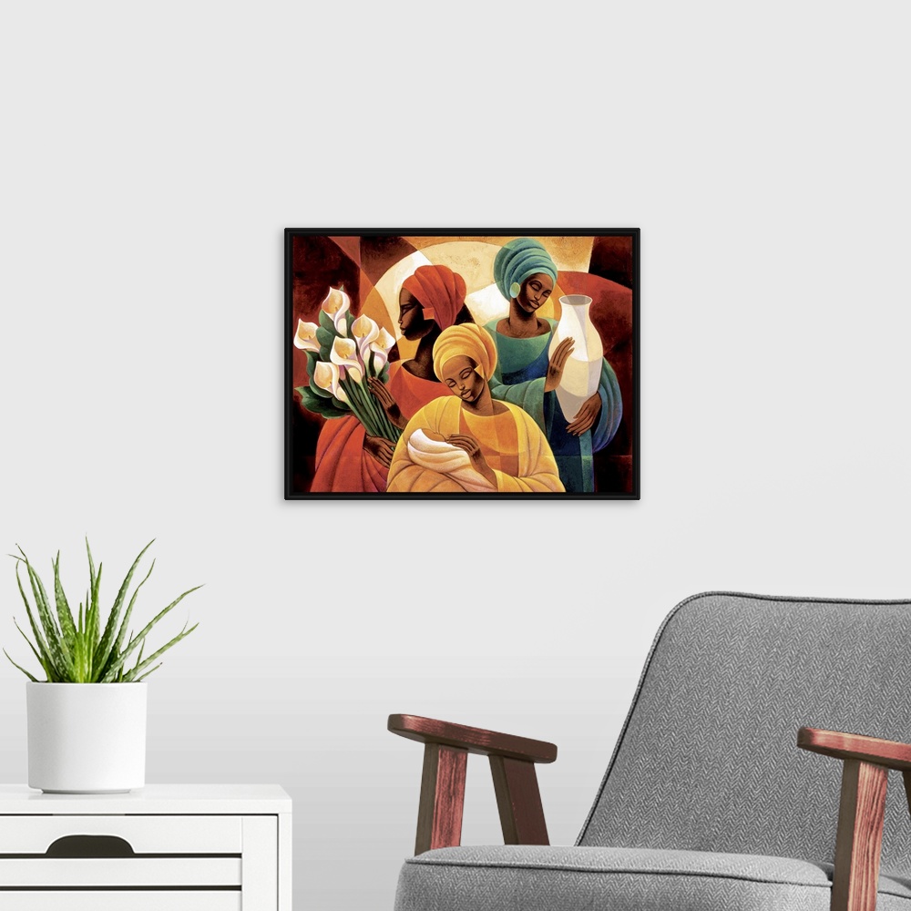 A modern room featuring Artwork of three African women, one holding lilies, one holding a vase, and one holding a child.
