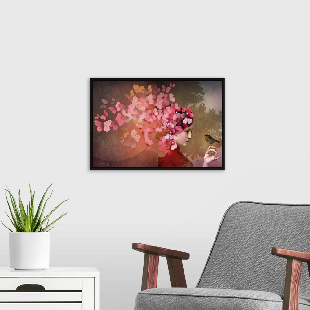 A modern room featuring A horizontal image of a lady with a bird.  A group of red and pink butterflies are fluttering fro...