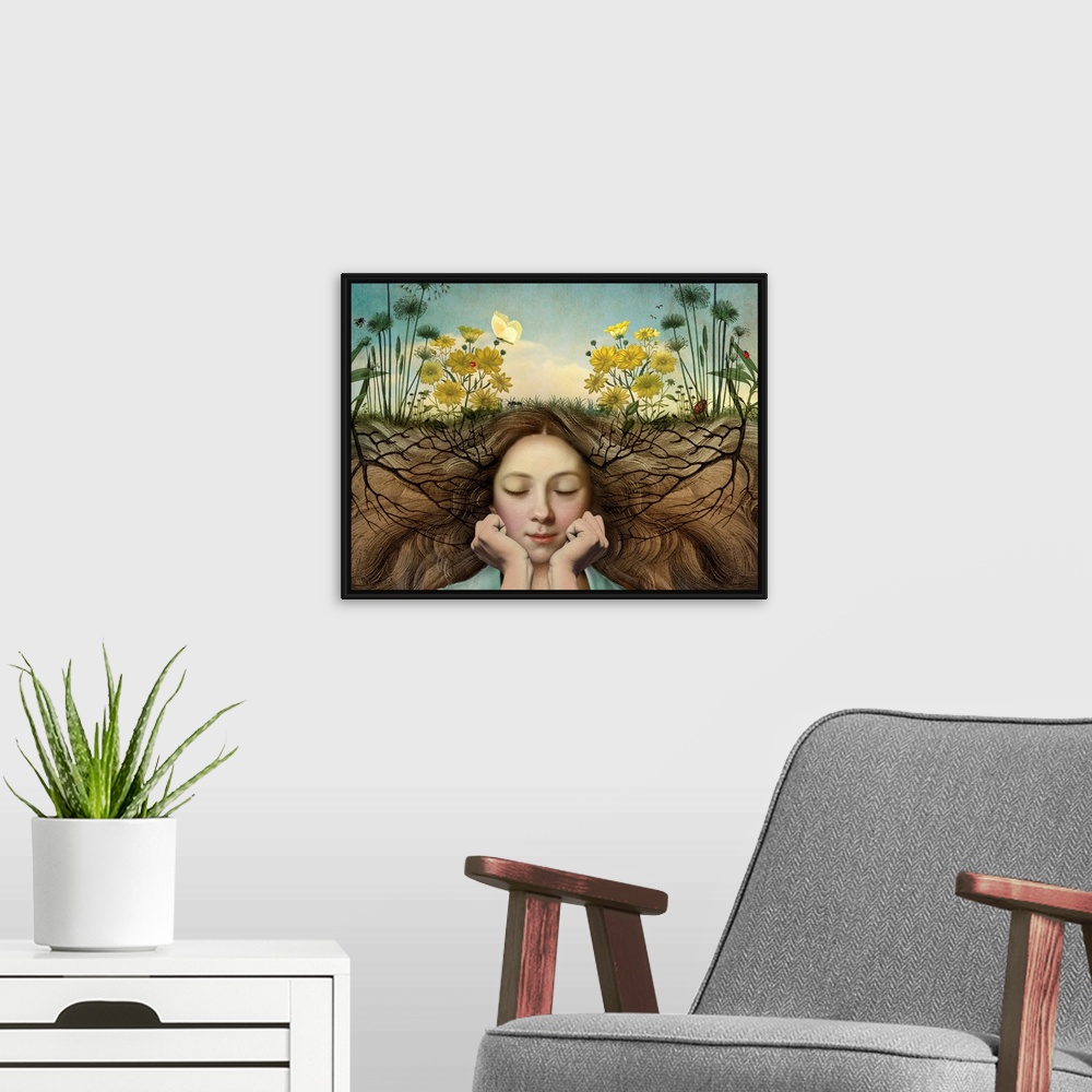 A modern room featuring A horizontal composite of a female with wild flowers growing from her hair.