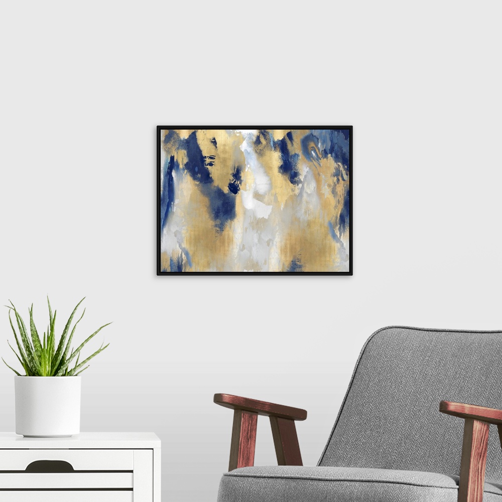 A modern room featuring A large, horizontal abstract painting in shades of indigo and gold. This statement piece of art w...