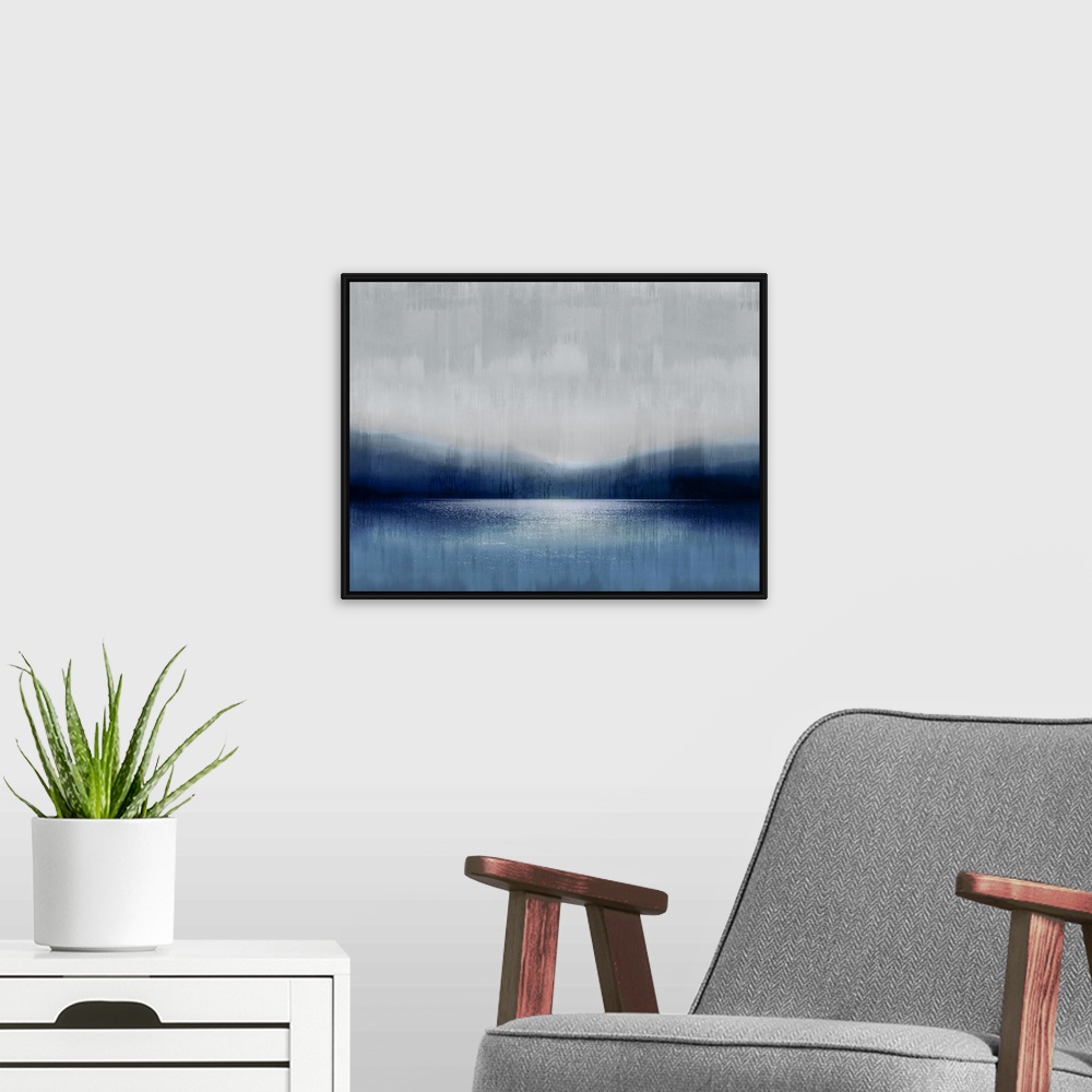 A modern room featuring A misty, tranquil scene of a lake infront of mountains under a cloudy sky. The water and earth ar...