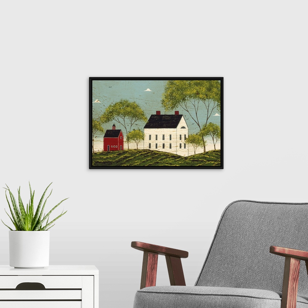 A modern room featuring Contemporary artwork of a large white house with a smaller red barn just to the left of it on a g...