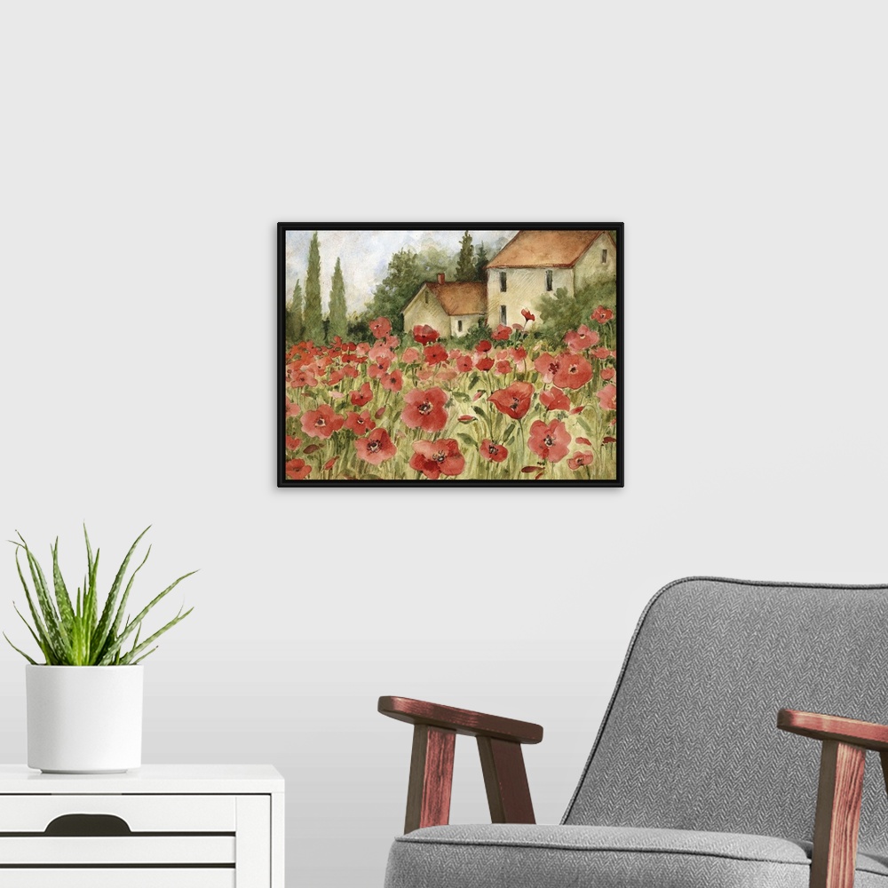 A modern room featuring Beautiful Tuscan fields filled with Poppies,