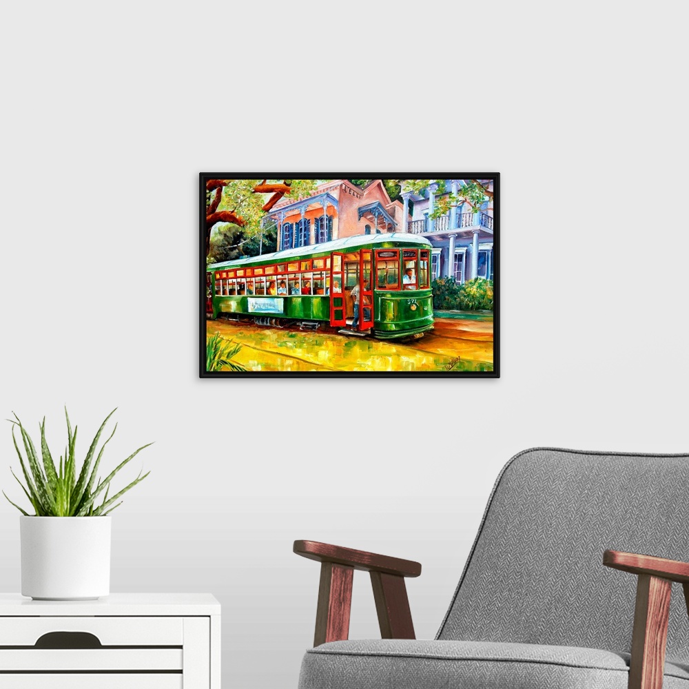 A modern room featuring Contemporary landscape painting of a New Orleans street lined with beautiful homes.