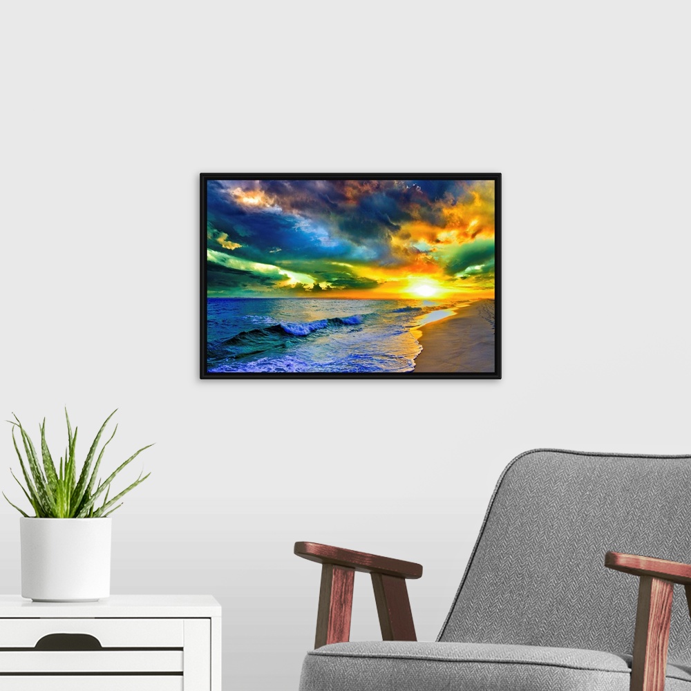 A modern room featuring A beautiful sea at sunset in this landscape photo. A seascape with waves on the shore before a be...