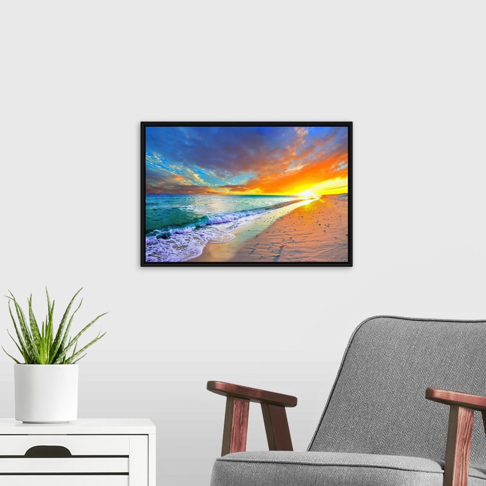 A modern room featuring Sea shells cast shadows on the shore next to a turquoise ocean with an orange sunset on the beach.